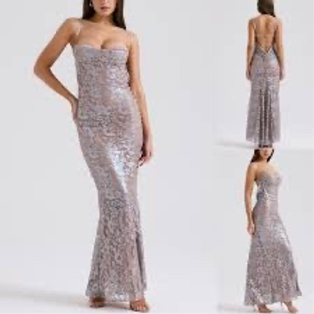 House of CB Metallic Silver Floral Lace Bustier‎ Maxi Dress Open Back Prom Gown